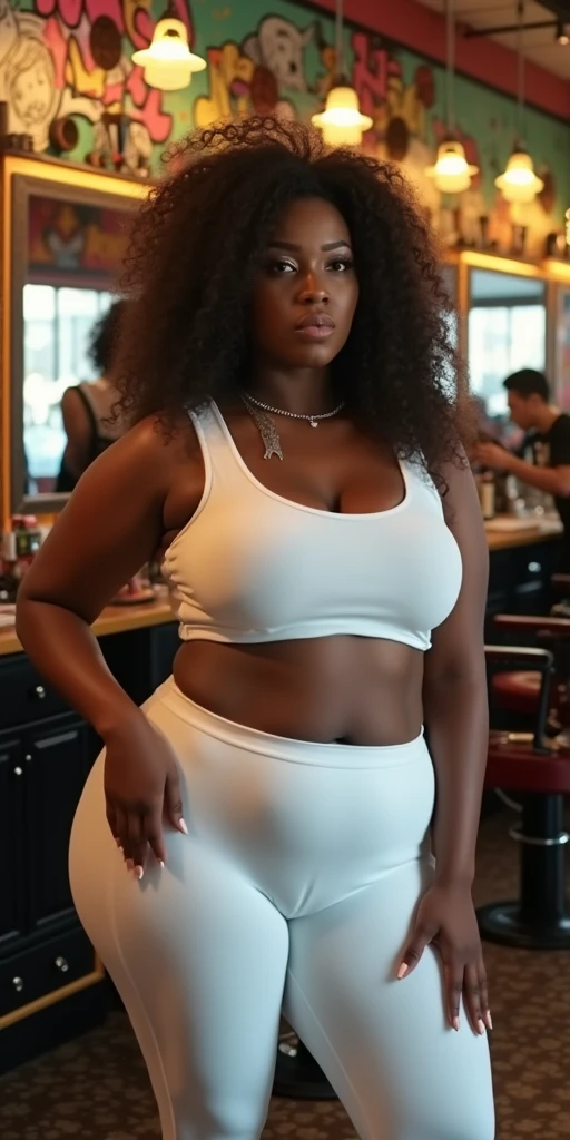 MASSIVE BUTTOCKS, white plastic leggings, UHD, She's a dark skin melanin Queen with tiny waist, urban barber shop, no nudity  