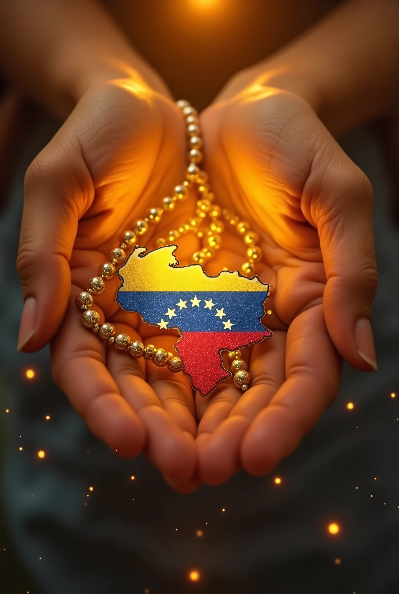 Hello, Here you have a detailed description to generate the image I want:
hands: Two hands in close-up, holding a japa mala (hindu rosary) while counting the mantras. Hands should be depicted in a soft and serene manner..
map of Venezuela: At the bottom or to the side of the hands, A map of Venezuela highlighted with the colors of the Venezuelan flag: yellow, blue and red. You can include the seven stars that appear on the flag.
Environment: a warm atmosphere, full of light, with golden and soft tones that transmit peace and hope. Maybe a bright background or a sunset that creates a serene atmosphere.
Additional Details: You can add flashes of light or a soft glow around the map and hands to emphasize the good energy being sent..