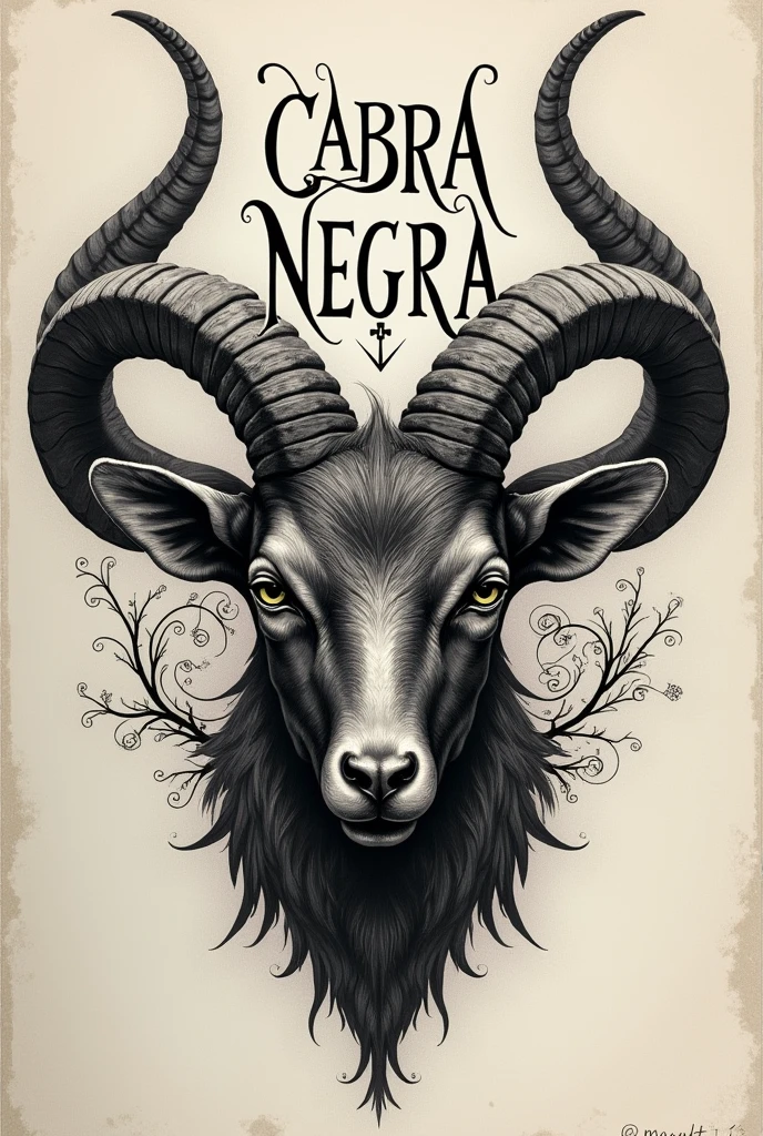 Goat head with four horns for tattoo with the letter BLACK GOAT written in Spanish above the head