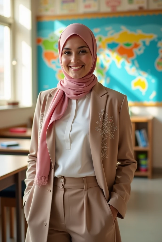 A woman in a teacher's hijab with very large breasts