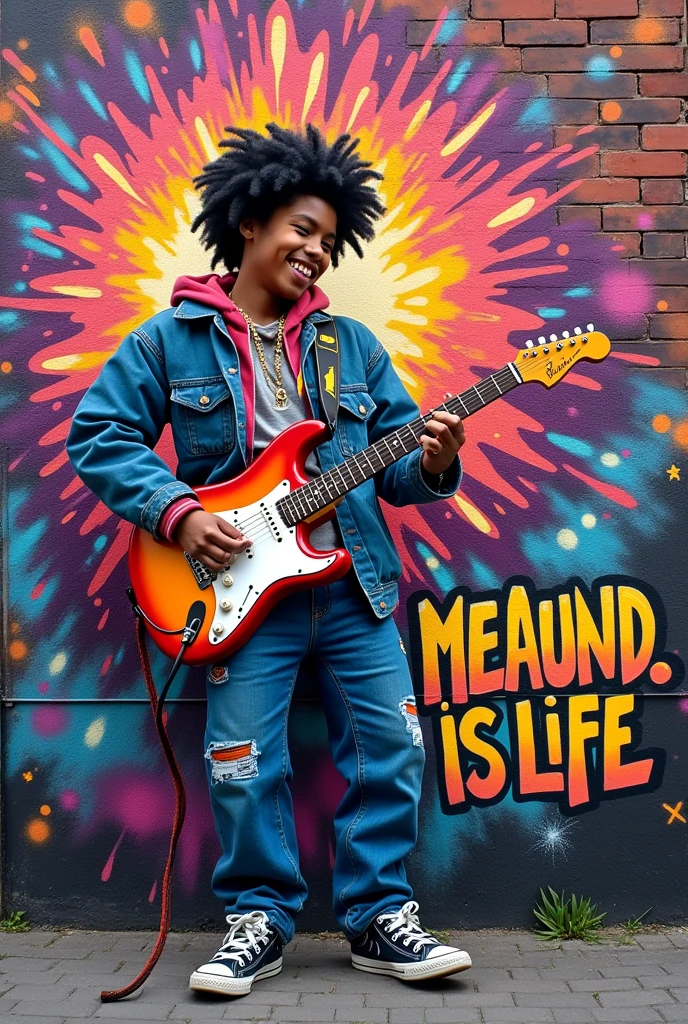 the phrase: Music is life and you have to live it every day, in the form of graffiti
