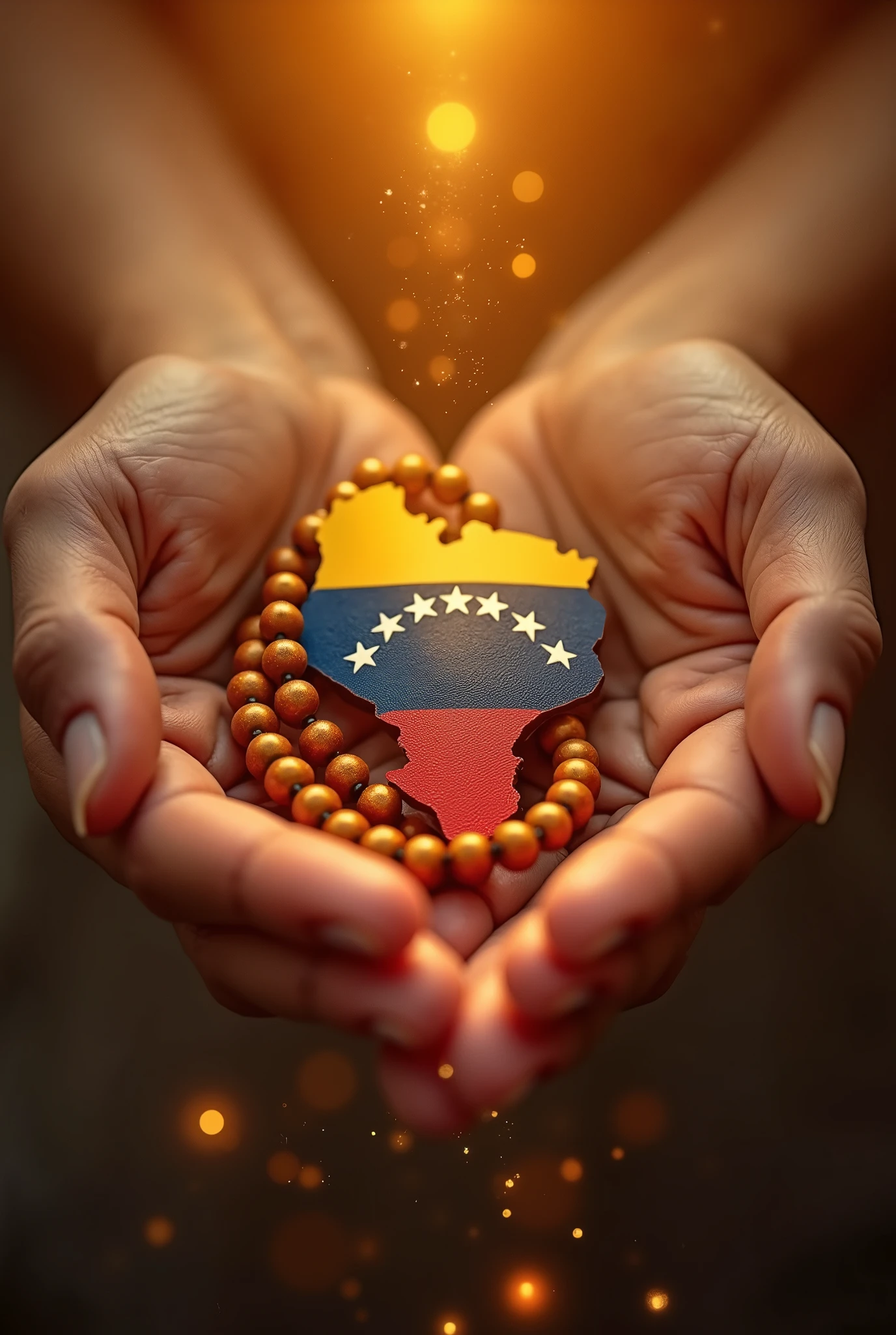 Hello, Here you have a detailed description to generate the image I want:
hands: Two hands in close-up, holding a japa mala (hindu rosary) while counting the mantras. Hands should be depicted in a soft and serene manner..
map of Venezuela: At the bottom or to the side of the hands, A map of Venezuela highlighted with the colors of the Venezuelan flag: yellow, blue and red. You can include the seven stars that appear on the flag.
Environment: a warm atmosphere, full of light, with golden and soft tones that transmit peace and hope. Maybe a bright background or a sunset that creates a serene atmosphere.
Additional Details: You can add flashes of light or a soft glow around the map and hands to emphasize the good energy being sent..