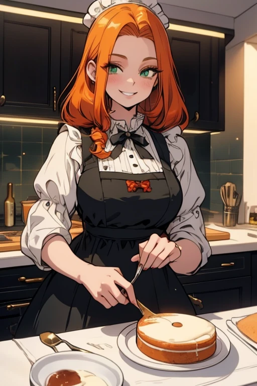 Perfect face. Perfect hands. An orange haired woman with green eyes and an hourglass figure in a Lolita maid dress is smiling while baking a cake in a fancy kitchen