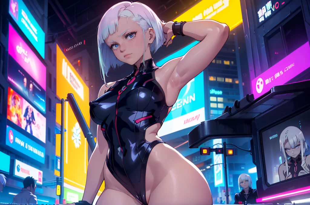 1 girl, solo, Beautiful figure (Proper Anatopy, Slim, Slender figure, shapely legs, Anime style, white colored hair, Bob hairstyle, Very detailed face, Very beautiful face, Beautiful slim figure, femininity,masterpiece, Lucy, cyberpunk edgerunners, showing armpits and pussy half naked, (((showing armpits))) neon background city.