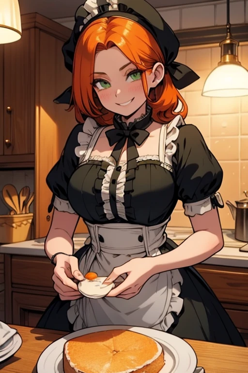 Perfect face. Perfect hands. An orange haired woman with green eyes and an hourglass figure in a ta maid dress is smiling while baking a cake in a fancy kitchen
