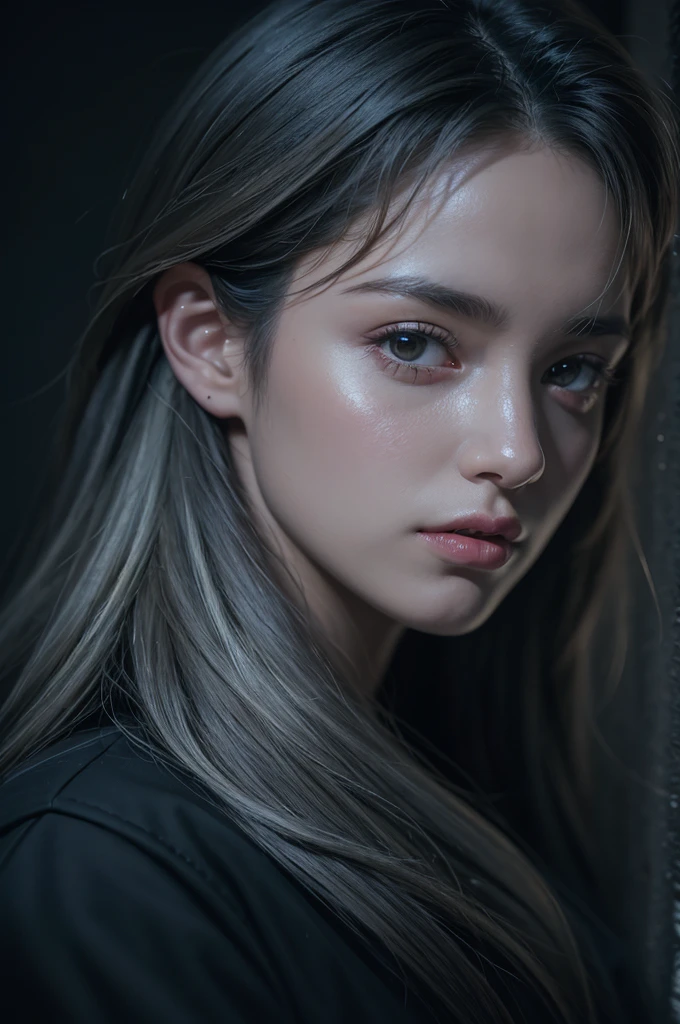 (front focus),(in the dark:1.6),
Hyperrealist portrait of female by david hockney and alphonse mucha,fantasy art, photo realistic, dynamic lighting, artstation, poster, volumetric lighting, very detailed faces, 4 k, award winning,, 1girl, in the dark, deep shadow, low key,cowboy shot,(official clothing:1.4) ,long hair,white hair, .1