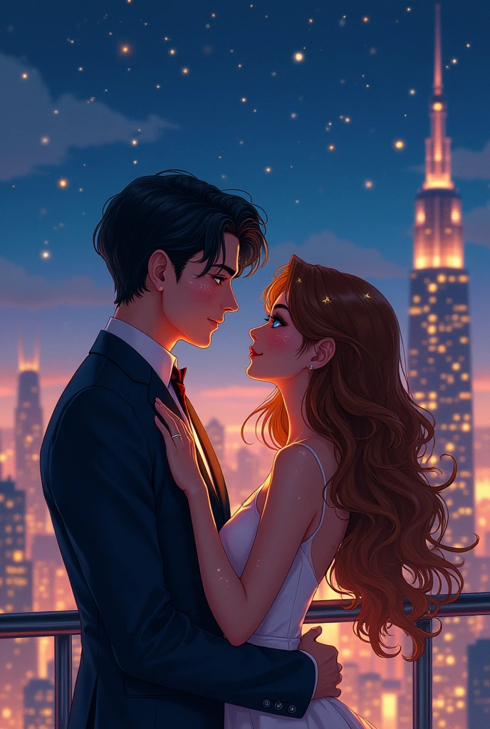 fan art style, (movie poster:1.2), soft lighting, (dramatic angle:1.25), (Accompanied:1.4), (1womanl), (brunette cor), (chestnut hair), long curly hair), eyes black, (ssmile), (1 men) (Bblack hair), (white color), ( blue colored eyes) (ssmile), terrace de um prédio com vista da cidade, (roupas de feast), star makeup on face, (looking at the view1.3), natta, lights, feast, natta, starry sky, (terrace:1.3), (work of art:1.2), ultra detali, (best qualityer), illustration, (Depth of field)