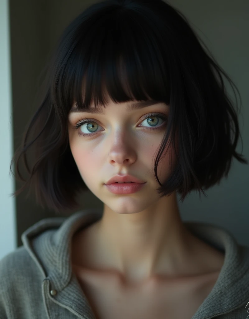 (RAW photo, best quality, masterpiece: 1.2), (photorealistic: 1.4), best lighting, 20 years old, (black hair, short bob cut, hair in 7 thirds, hair over one ear, Symmetrical eyes, fair skin, solo, Detailed Skinm, Ukrainian girls:1.2),