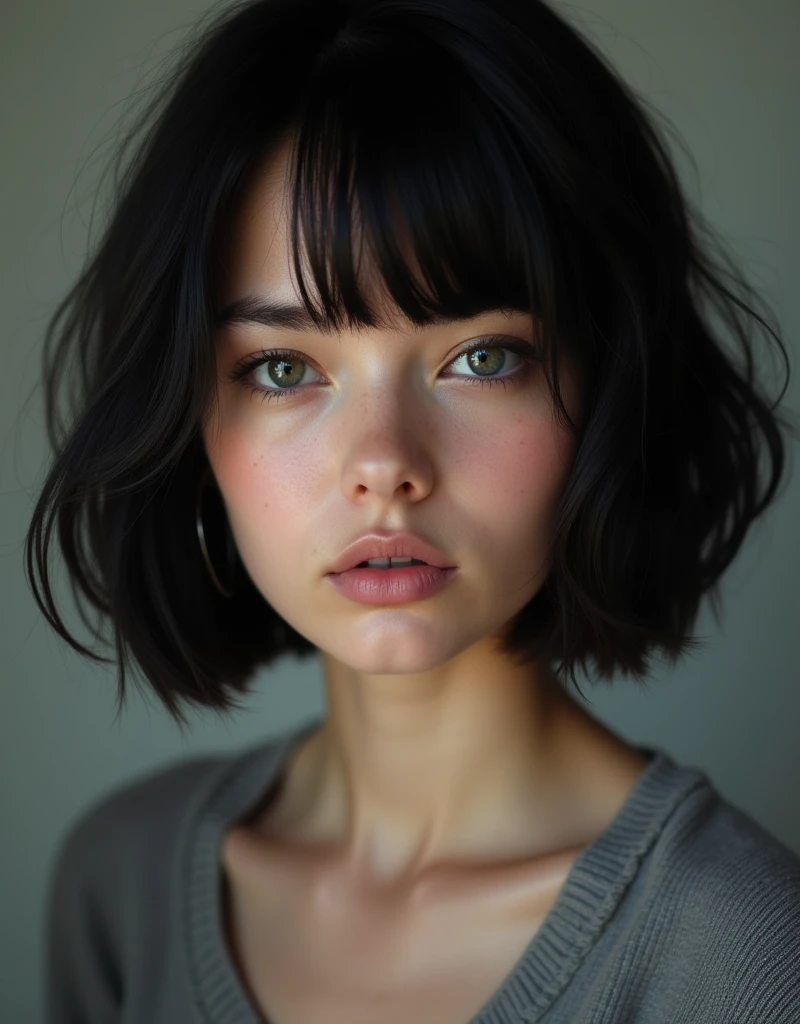 (RAW photo, best quality, masterpiece: 1.2), (photorealistic: 1.4), best lighting, 20 years old, (black hair, short bob cut, hair in 7 thirds, hair over one ear, Symmetrical eyes, fair skin, solo, Detailed Skinm, Ukrainian girls:1.2),　