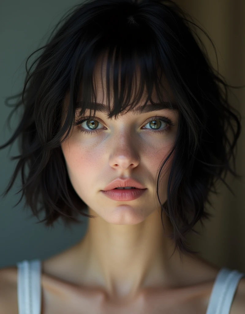 (RAW photo, best quality, masterpiece: 1.2), (photorealistic: 1.4), best lighting, 20 years old, (black hair, short bob cut, hair in 7 thirds, hair over one ear, Symmetrical eyes, fair skin, solo, Detailed Skinm, Ukrainian girls:1.2),