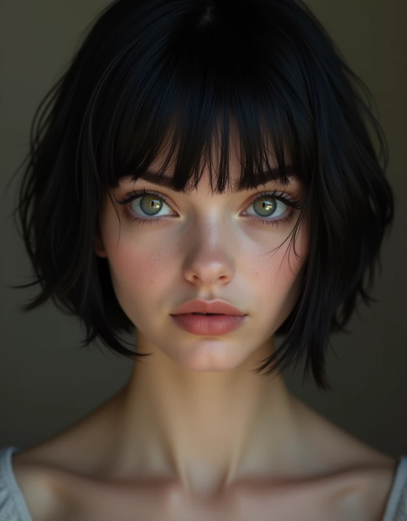 (RAW photo, best quality, masterpiece: 1.2), (photorealistic: 1.4), best lighting, 20 years old, (black hair, short bob cut, hair in 7 thirds, hair over one ear, Symmetrical eyes, fair skin, solo, Detailed Skinm, Ukrainian girls:1.2),　