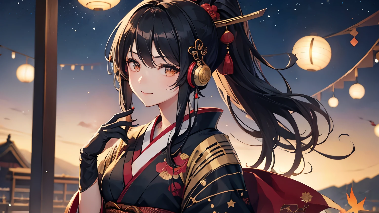 anime, Beauty, alone, Long Hair, Black Hair, ponytail, Dark brown eyes, model, beautiful, Fantasy, autumn leaves, Japanese clothing, Riverside, beautiful scene, ((Best quality, 8k, Masterpiece: 1.3)), Highly detailed face and skin texture, Detailed eyes, traditional Japanese kimono, ((background: night, starry sky)), ((headphones)), ((ukiyo-e style)), ((smile)), ((1 girl)),