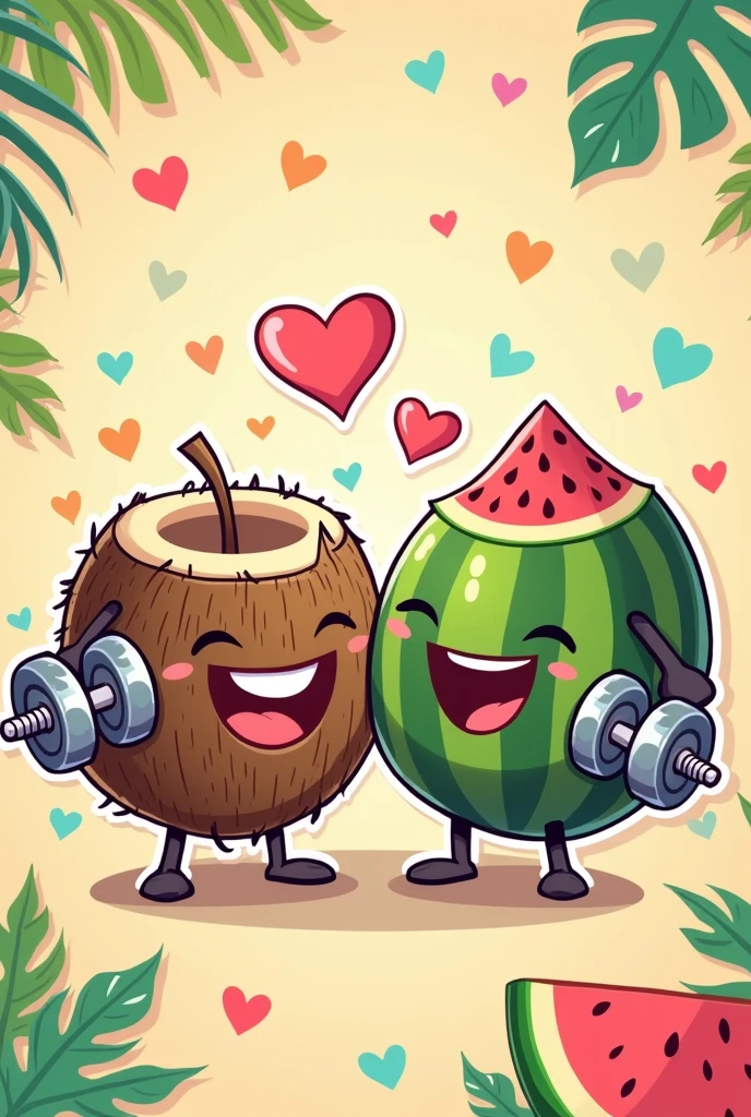 A sticker of a coconut and a watermelon in love with lots of hearts and kissing each other. The coconut has to have dumbbells in its hands.