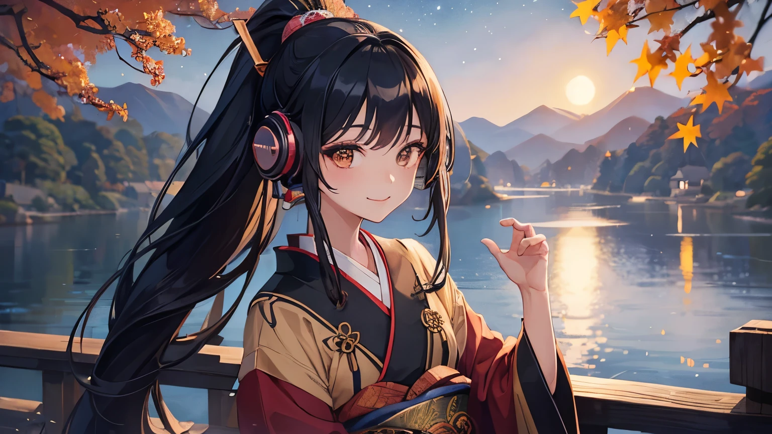 anime, Beauty, alone, Long Hair, Black Hair, ponytail, Dark brown eyes, model, beautiful, Fantasy, autumn leaves, Japanese clothing, Riverside, beautiful scene, ((Best quality, 8k, Masterpiece: 1.3)), Highly detailed face and skin texture, Detailed eyes, traditional Japanese kimono, ((background: night, starry sky)), ((headphones)), ((ukiyo-e style)), ((smile)), ((1 girl)),