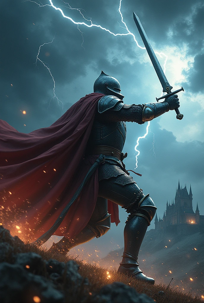 masterpiece、Highest quality、Very detailed、Ultra-high resolution、Two-handed Zweihänder、middle ages、knight、swing、Crash、Lightning strikes、Aura of Light