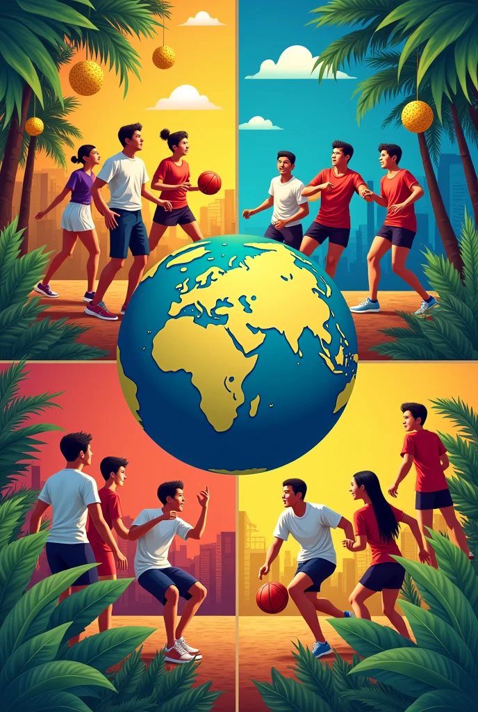 poster art about
intrams, traditions in philippines with earth circle LIKE POSTER MAKING with four divides and one is alumni