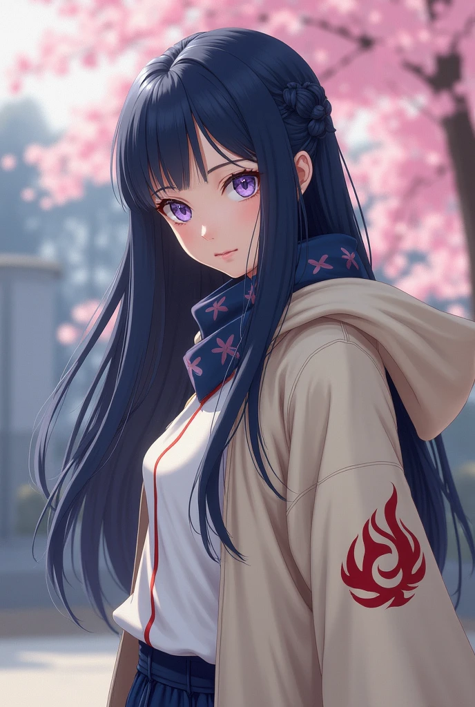 Act as a visual effects artist and fashion stylist, creating a detailed description and visual of actress Suzu Hirose dressed as Hinata Hyuga. Include details about your dark blue hair, skin fair, white eyes with a hint of lavender and the appearance of the Byakugan, highlighting the veins and arteries around the eyes. Describe the hime haircut and how it frames your face, besides the cream hooded coat and the fire symbol. Include information about the navy blue pants and the Konoha bandana around his neck., reflecting a live action style of the character.