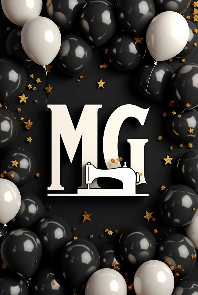 Logo with the letter mg with a machine and the. Background balloons decoration in black and white and gold a white sewing machine