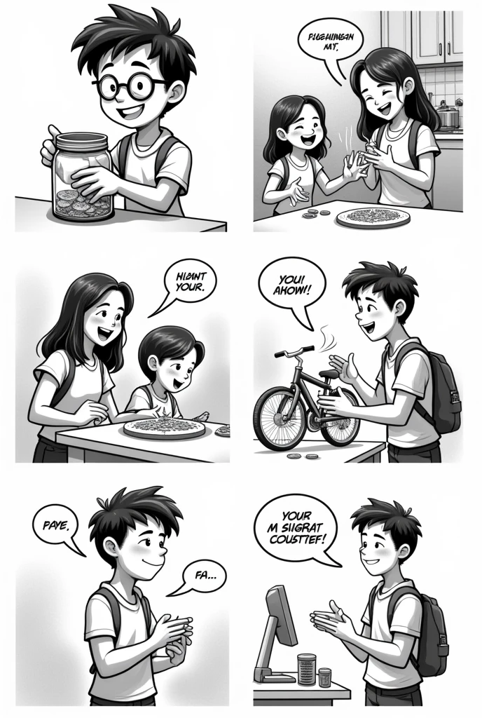 Scene of a student checking his savings jar with a smile and his sister on the side celebrating his effort Scene of the student with his mother and sister celebrating with a pizza for his effort Scene of a student in a bicycle shop looking at the one he wants to buy Scene of a young man paying for his bicycle in the shop all in comic form in 4 black and white panels