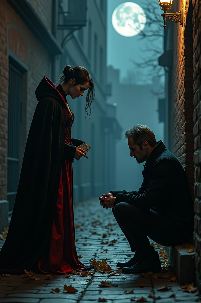 Sitting man and vampire,  taking money from him,  from their pockets 