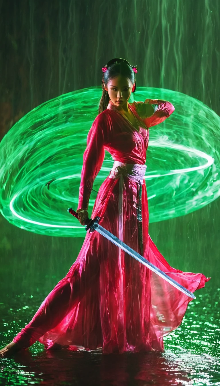Fighting Stance,Streamlined figure,Huge chest,Slim waist,Big Ass,S-Shaped Body,Red shiny snake eyes,Wet clothes,Single ponytail,Slender figure,Loose fitting robe,Backlight。Pink snake eyes,,Slender figure,Slim waist,Loose fitting robe,Backlight、Backlight。(Heroine Sword Dance:1.5),Green snake shadow,Anatomically correct,Glowing sword,(Movement posture),Hold the hilt of the sword,1 sword,Solitary,On the Lake,High contrast, Movie Lighting, Mysterious atmosphere,, ripple,(Splash;1.4),A moon,Motion Blur,swordsman,effort,,Shining lightsaber,