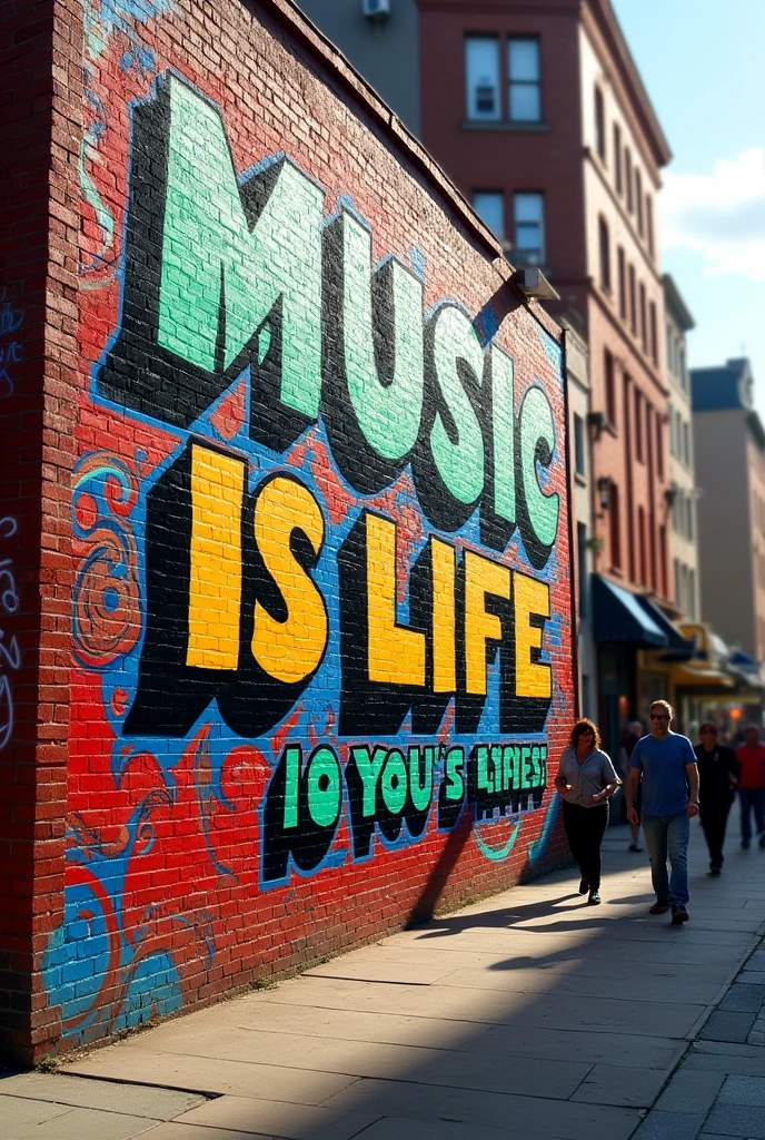 the phrase: Music is life and you have to live it every day, in the form of graffiti, just the phrase in big letters