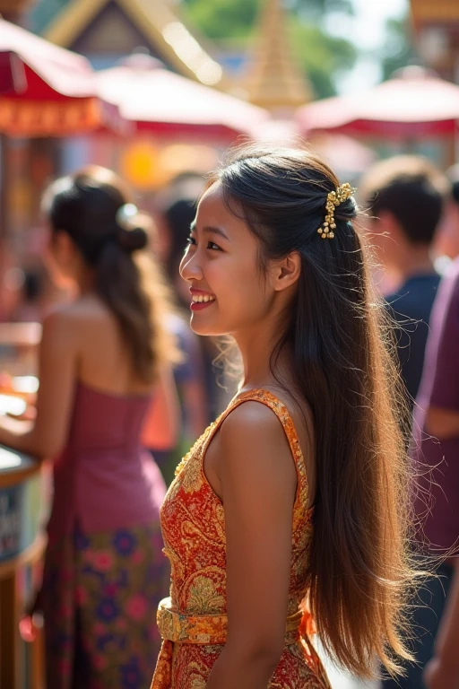 beautiful girl, long hair, Wear Thai clothes, Visit the temple fair in Bangkok