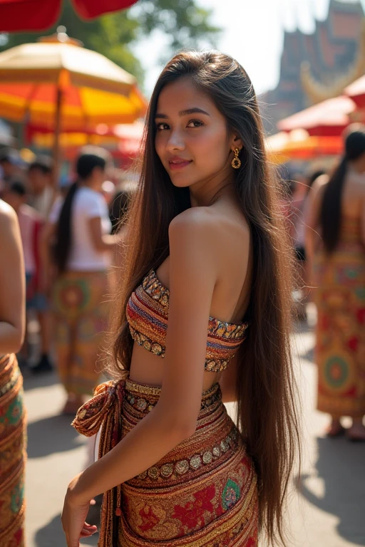beautiful girl, long hair, Wear Thai clothes, Visit the temple fair in Bangkok