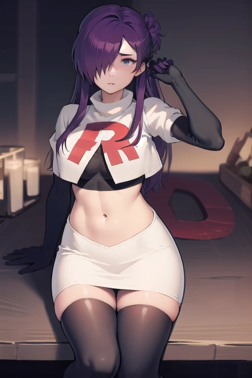 masterpiece, best quality, shez, hair over one eye, looking at viewer, team rocket,team rocket uniform,white skirt,red letter R,crop top,black thigh-highs,black elbow gloves