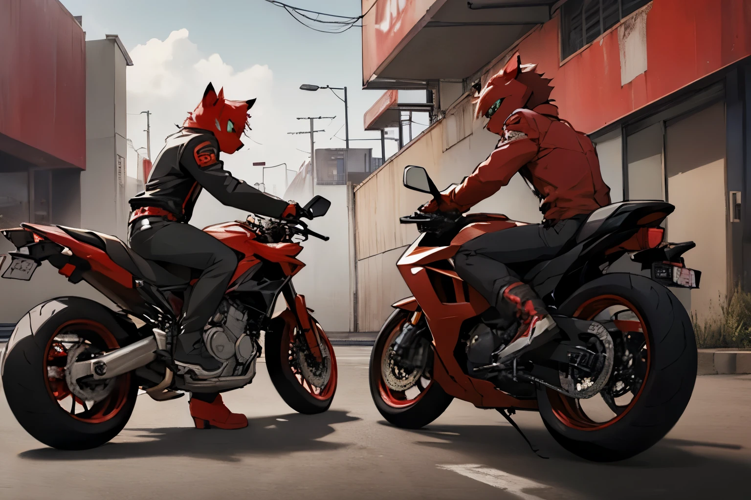 2 red humanoid cats, dressed in red and black anime style is in a parking lot getting off his red motorcycle, near a bar