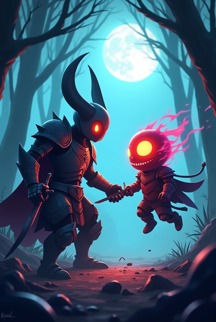 The hollow knight fighting with headless stu from Brawl stars
