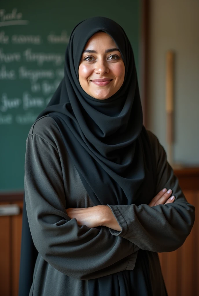 A female teacher in hijab with very big and bare breasts 