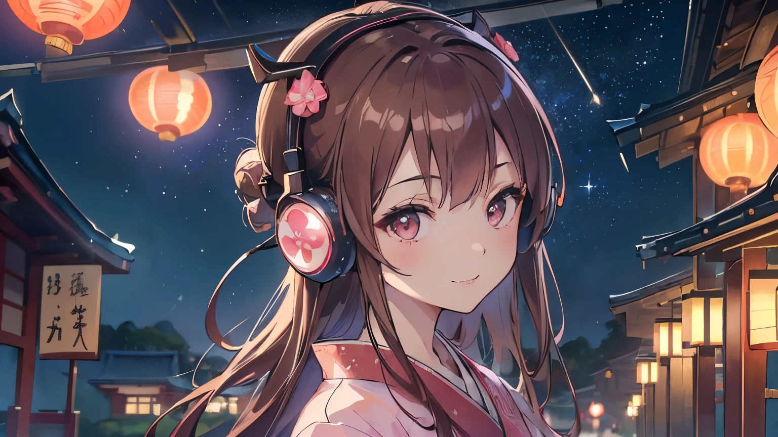 ((Best quality, 8k, Masterpiece: 1.3)), Highly detailed face and skin texture, Detailed eyes, traditional Japanese kimono, pink kimono, long-sleeved kimono, brown hair, long hair, kanzashi, from above, at a shrine in Kyoto, ((background: night, starry sky)), ((headphones)), ((ukiyo-e style)), ((smile)), ((1 girl)),