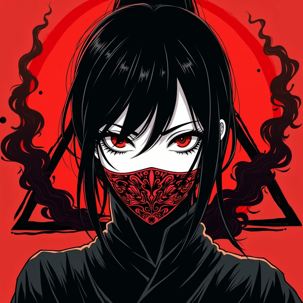 Black and white anime style woman, Blood red Samurai mask on half of the face, blood red samurai mask on right and left side, blood red triangle behind with dark red clouds inside