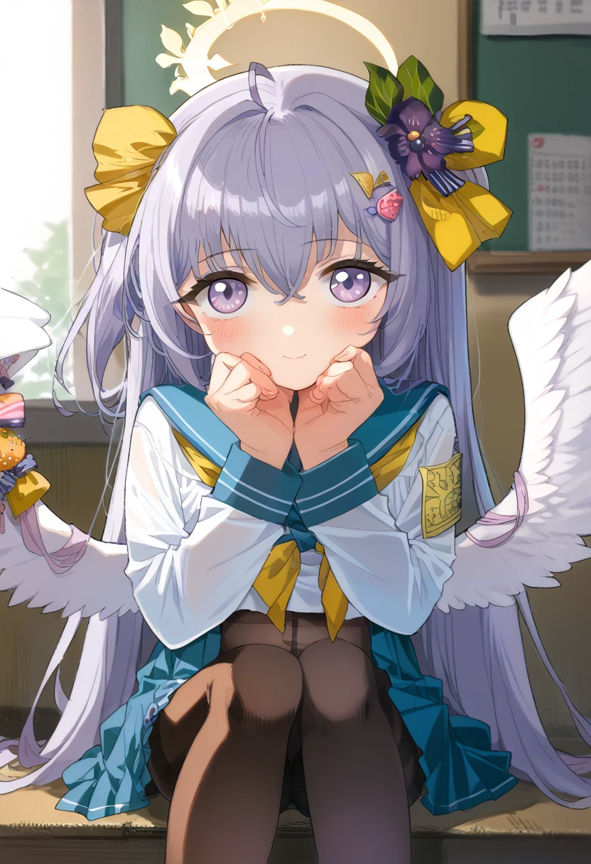 azusa \(blue archive\), absurdres highres 1girl black_pantyhose blush feathered_wings feet_out_of_frame flower grey_hair hair_flower hair_ornament halo hands_on_own_cheeks hands_on_own_face indoors light_smile long_hair long_sleeves looking_at_viewer pantyhose purple_eyes school_uniform serafuku sitting solo straight_hair very_long_hair white_wings wings