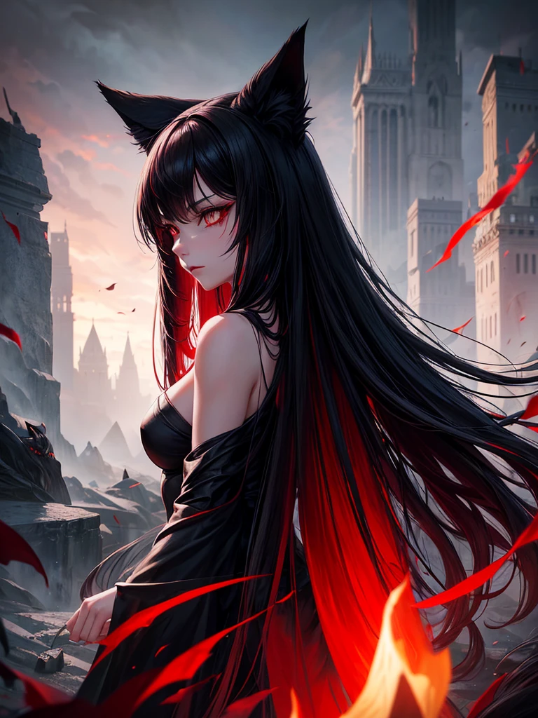 beautiful girl with long black hair, red eyes, black fox ears and a black fox tail, wearing a black and red dress, hyperrealistic, highly detailed, 8k, photorealistic, intricate, cinematic lighting, dramatic lighting, moody atmosphere, warm color palette, cinematic pose, elegant, mystical, magical, fanciful, ethereal, fantasy art, dark fantasy