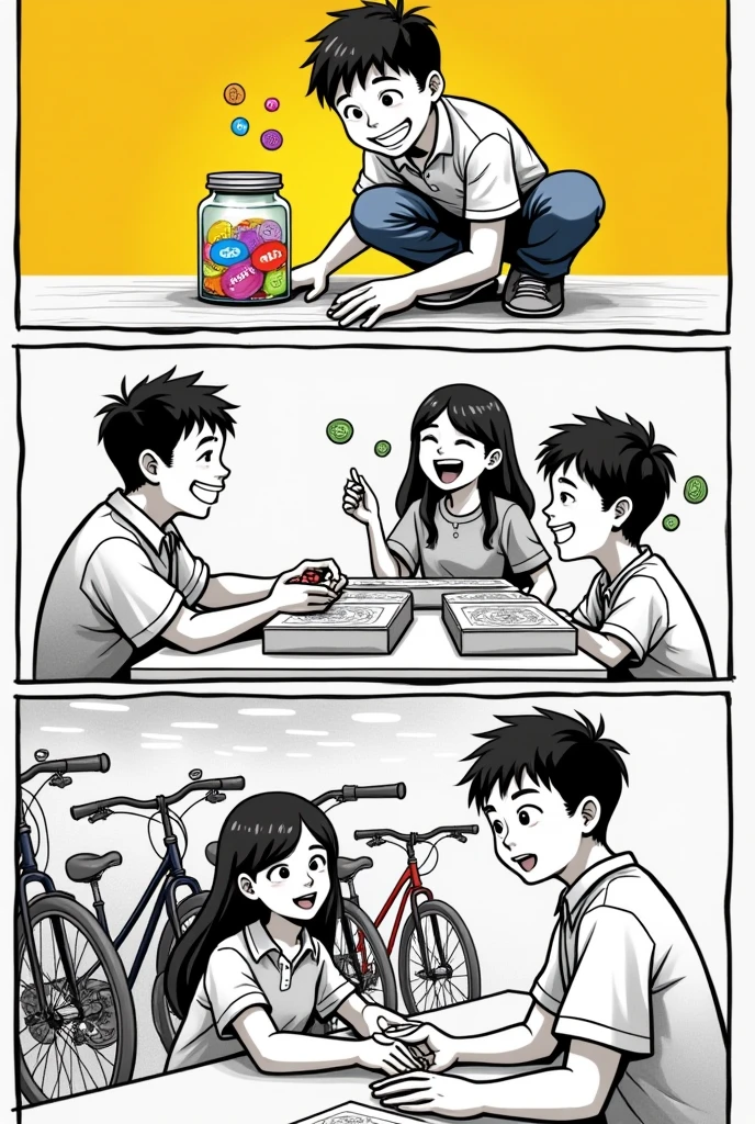 Scene of a student checking his savings jar with a smile and his sister on the side celebrating his effort Scene of the student with his mother and sister celebrating with a pizza for his effort Scene of a student in a bicycle shop looking at the one he wants to buy Scene of a young man paying for his bicycle in the shop all in comic form in 4 black and white panels