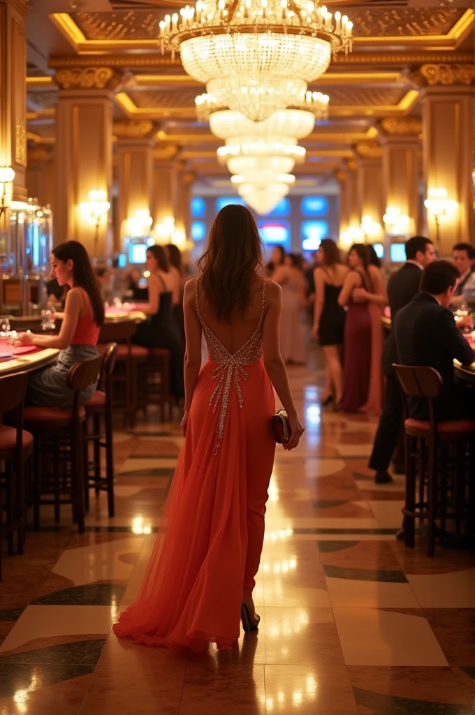A classy casino with women in elegant dresses that show their backs