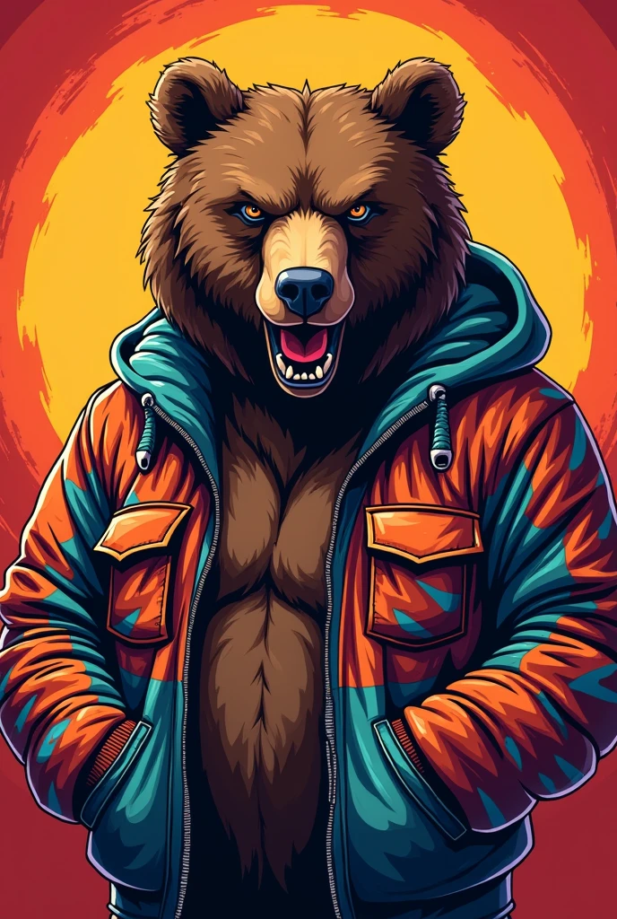Create an angry bear logo with a kangaroo (jacket) of clothes