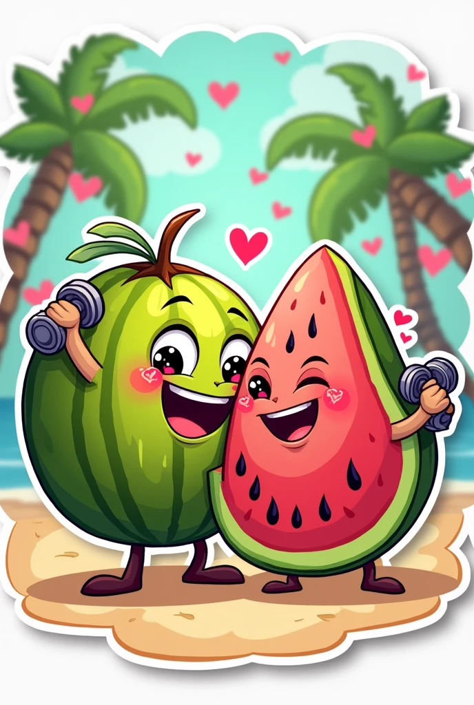 A sticker of a coconut and a watermelon in love with lots of hearts and kissing each other. The coconut has to have dumbbells in its hands, only the coconut