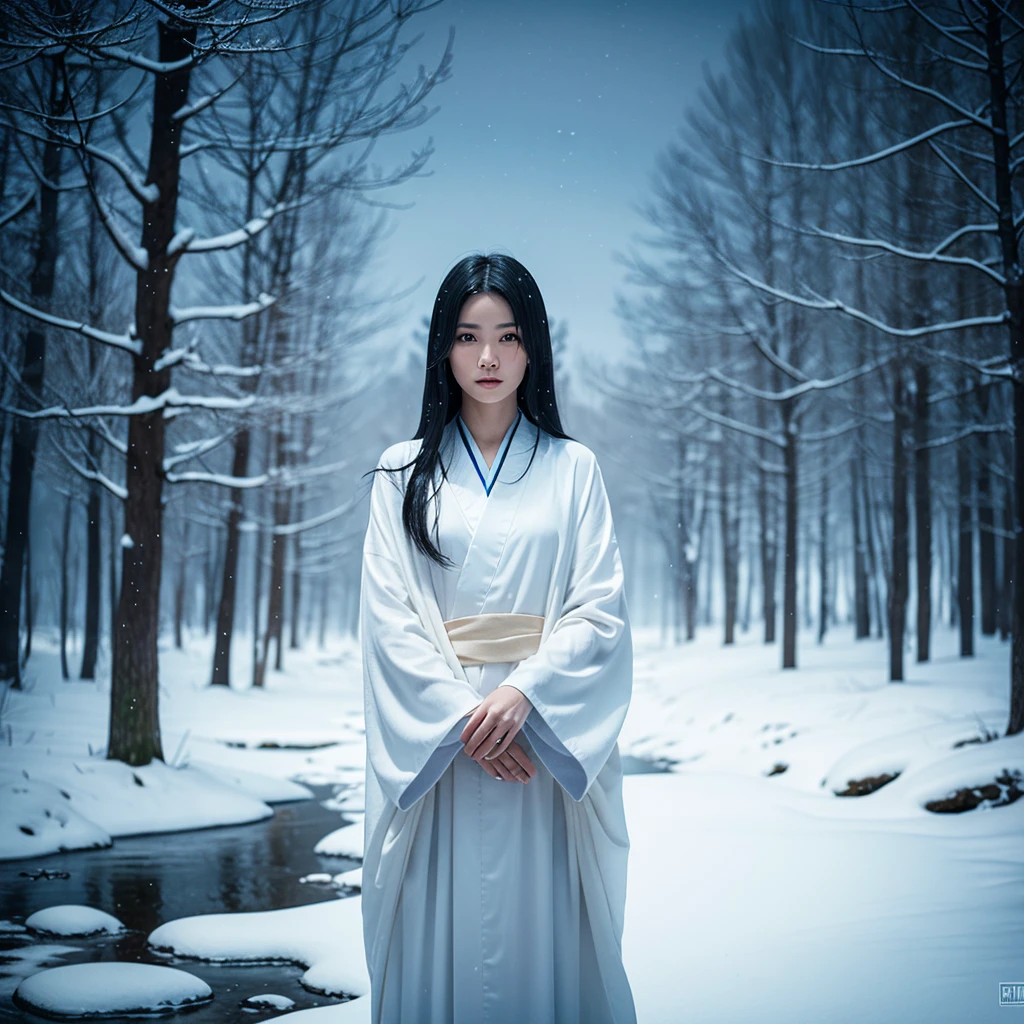 A realistic depiction of a Yuki-onna, A ghost woman from Japanese folklore, Visible from very far away. She has white skin, Long black hair, Wearing a loose white kimono. The background is a snowy landscape, Beautiful and eerie, Spooky atmosphere. To enhance the supernatural sense、High resolution images with detailed textures and lighting. From a point of view, She is small, A mysterious figure in a vast landscape.