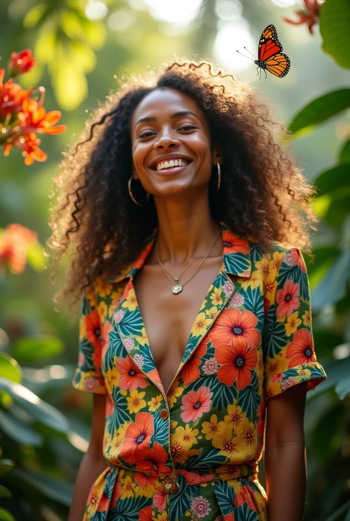 A Brazilian woman in a lush tropical garden, wearing an open shirt with a floral print, with a close-up capturing the harmonious beauty between her breasts and the natural flowers, showing off your natural charm and outgoing personality.