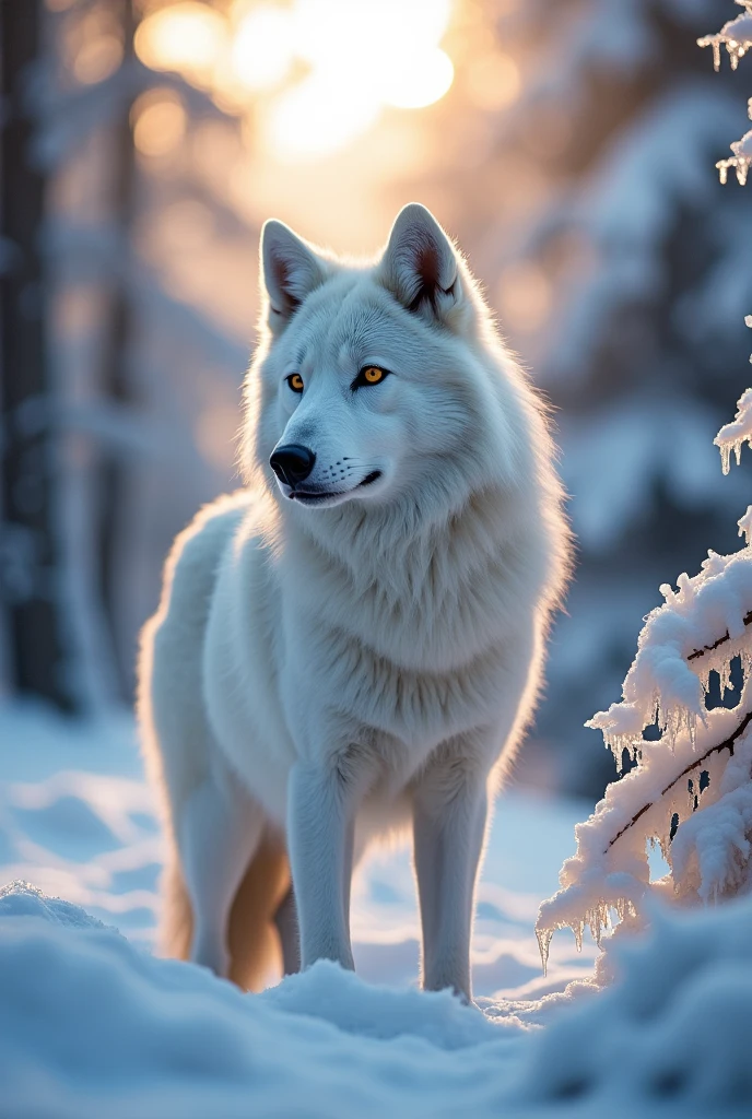 A completely white wolf with piercing golden eyes 