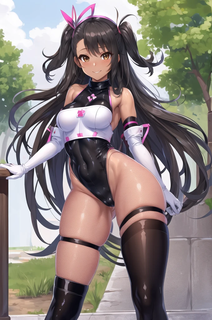 masterpiece, best quality, highres, aatsubone, long hair, one side up, hair ribbon, pink ribbon, brown eyes, turtleneck, bodysuit, bare shoulders, elbow gloves, white gloves, fishnets, black thighhighs, outdoors, standing, cowboy shot, smile,,nurse
