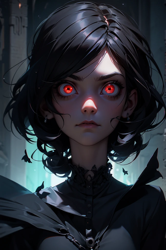 Gothic,Horror,One person,Glowing Eyes,Kubrick's Viewpoint,Full body portrait、standing in a dark bedroom、High heels