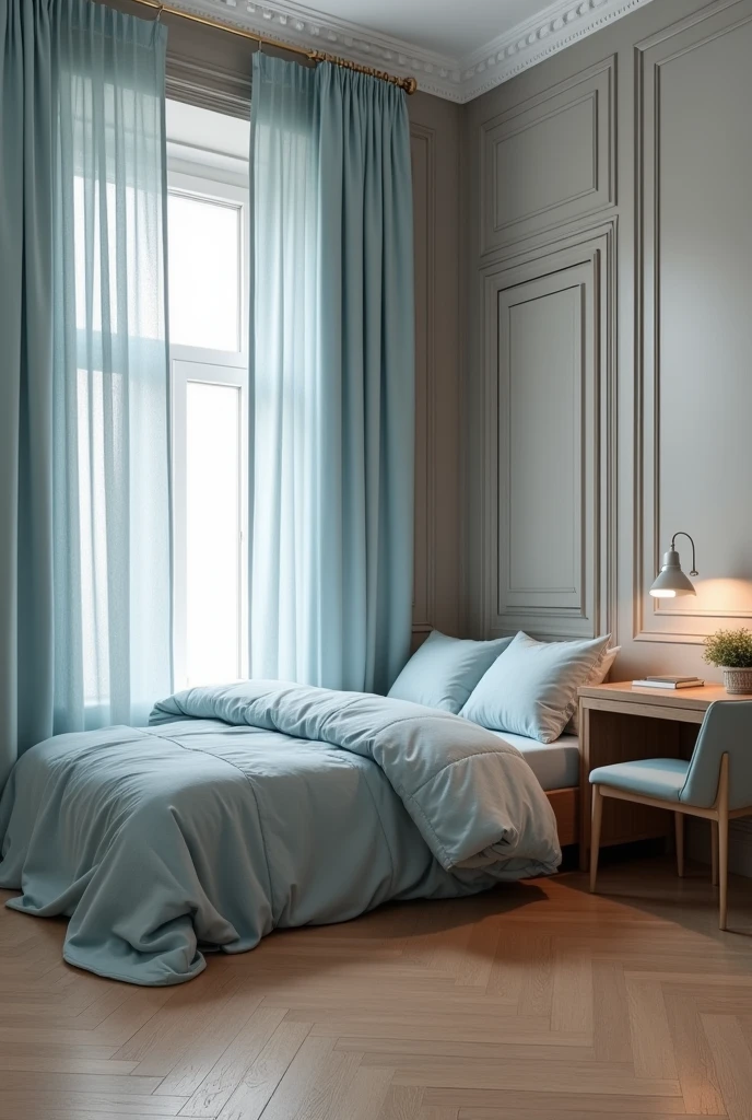 A light blue bed with a grey comforter and light blue curtains. The floor is light brown. A desk is placed next to it. The desk is light brown. A chair is placed next to it. The chair is grey. The walls are grey. A door is placed next to it. The door is light brown. A chic room. The desk is next to the bed. The door is far away.