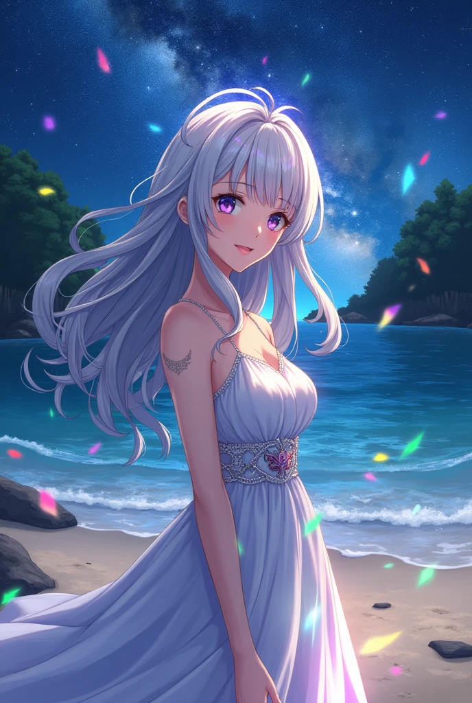 (masterpiece、Highest quality、8k、High resolution)、One female、(Beautiful Face、Beautiful Face)、Beautiful eyes、Beautiful lips、Beautiful nose、Silver blonde hair、(The best girl in anime)、Sandy beach with a view of the forest、A bright night with stars visible、milky way、体whole bodyから神秘的な光の粒子、Colorful light particles、A mysterious light glowing around the head、jewelry、necklace、dress、(whole body)、Highly detailed anime art、A complete portrayal、