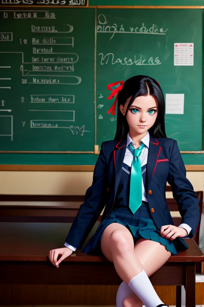 masterpiece, best quality, highres, absurdres, 1girl, black hair, aqua eyes, red ribbon, school uniform, high school uniform