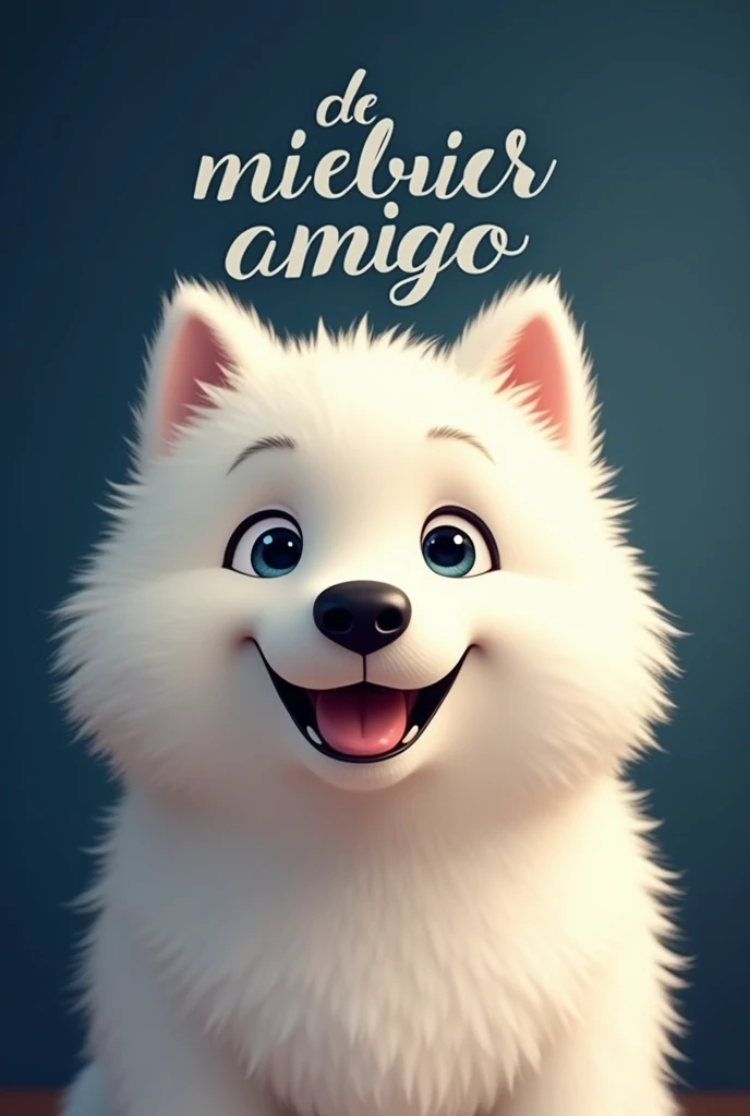 Animated image of cute samoyed dog face with title my best friend&#39;s diary in spanish with elegant and stylish font and indigo blue gradient background