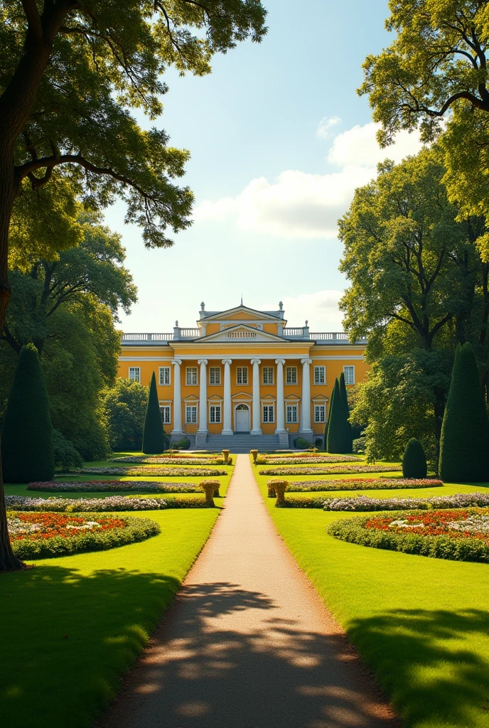 Park with yellow neoclassical palace with white cornice and white columns 
